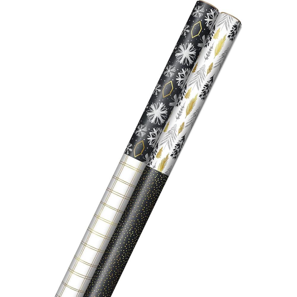 imageHallmark Christmas Wrapping Paper Jumbo Rolls with Cut Lines on Reverse 2 Rolls 4 Designs 160 Sq Ft Ttl Black and Gold Trees Snowflakes Plaid for Holidays Hanukkah Weddings Graduations