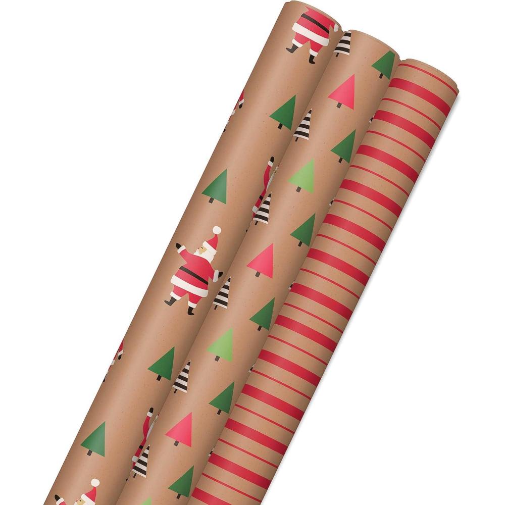 imageHallmark Christmas Wrapping Paper Rolls  Minimalist Brown Kraft Trees Antlers Snowflakes Gift Wrap Paper 3 Rolls 90 sq ft ttl for Holiday Parties Hanukkah Winter WeddingsSantas  Trees  Stripes