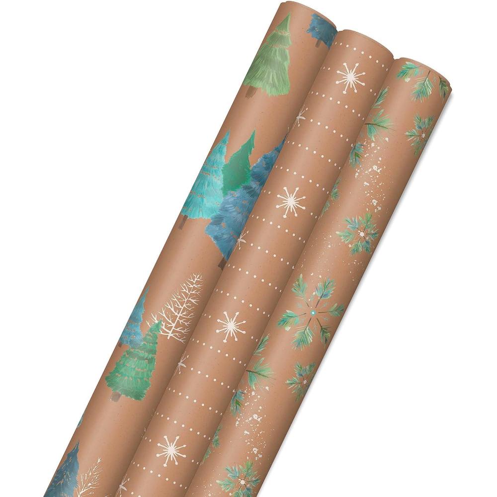 imageHallmark Christmas Wrapping Paper Rolls  Minimalist Brown Kraft Trees Antlers Snowflakes Gift Wrap Paper 3 Rolls 90 sq ft ttl for Holiday Parties Hanukkah Winter WeddingsSnowflakes  Blue and Green Foliage  Trees