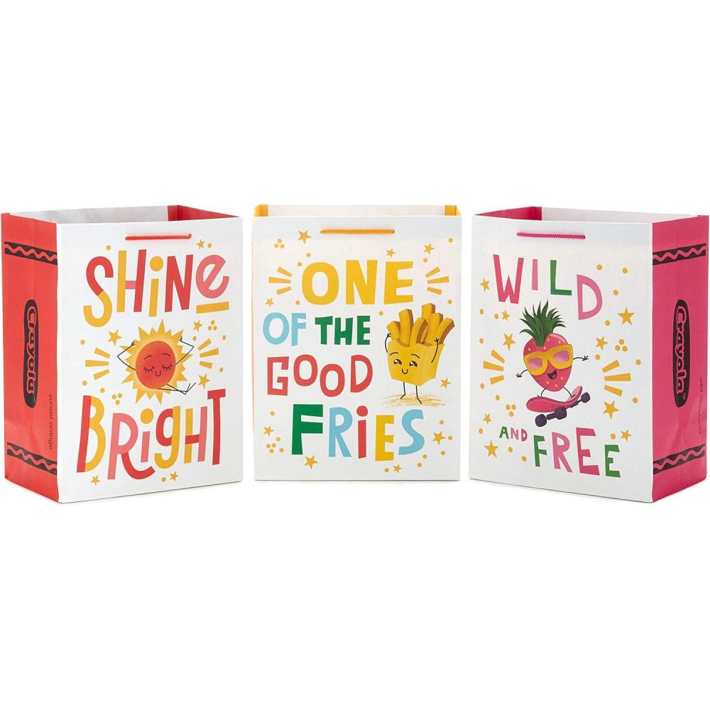 imageHallmark Crayola 11quot Large Gift Bags with CutOut Coloring Sheets Bundle of 3 Pink Strawberry Red Sun Yellow Fries for Birthdays Kids Parties Arts and Crafts