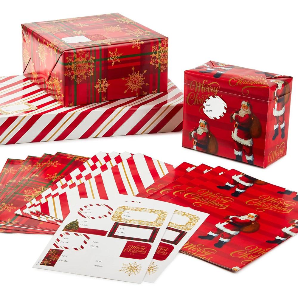 imageHallmark Cute Christmas Flat Wrapping Paper Sheets with Cutlines on Reverse 12 Folded Sheets with Sticker Gift Tags Pink Mint Green Plants Cactus Presents OrnamentsRed Santa  Plaid Snowflakes  Stripes
