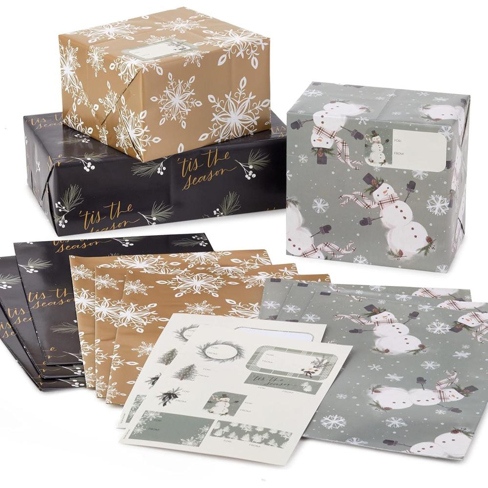 imageHallmark Cute Christmas Flat Wrapping Paper Sheets with Cutlines on Reverse 12 Folded Sheets with Sticker Gift Tags Pink Mint Green Plants Cactus Presents OrnamentsSnowman  Snowflakes  Tis the Season
