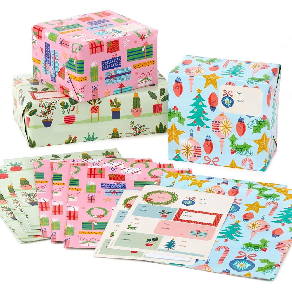 imageHallmark Cute Christmas Flat Wrapping Paper Sheets with Cutlines on Reverse 12 Folded Sheets with Sticker Gift Tags Pink Mint Green Plants Cactus Presents OrnamentsOrnaments  Cactus  Wrapped Presents