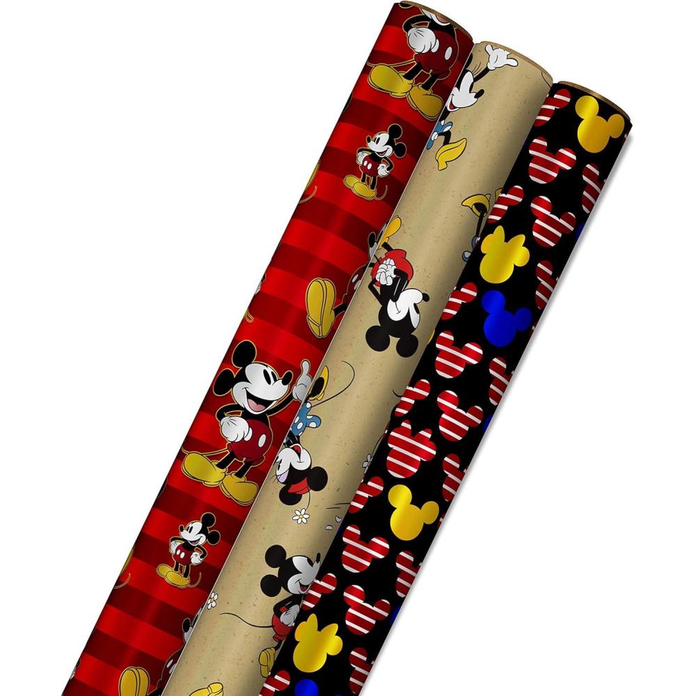 imageHallmark Disney Mickey Mouse Wrapping Paper with Cut Lines on Reverse 3Pack 60 sq ft ttl for Birthdays Christmas Hanukkah Baby Showers and MoreRed  Brown  Black