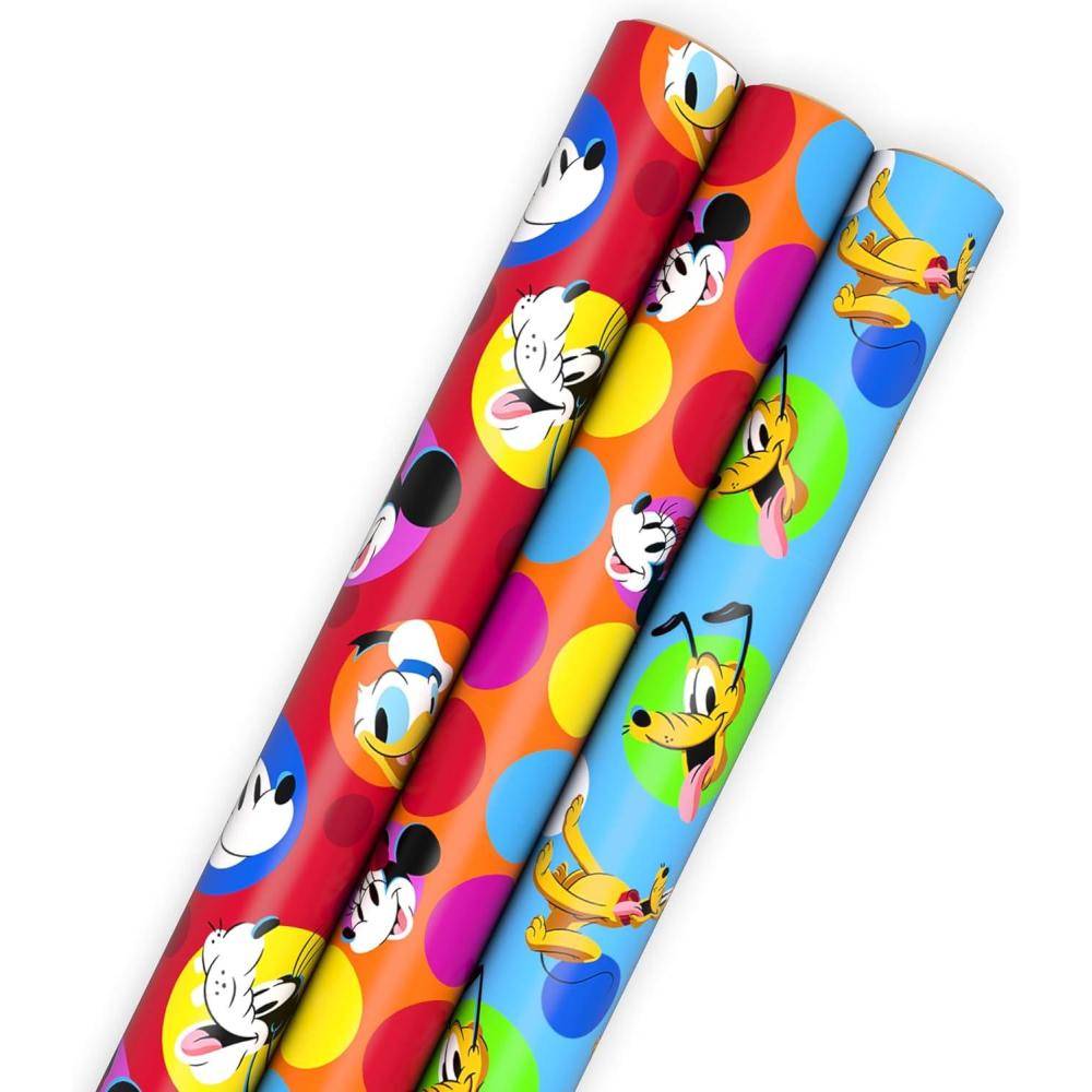 imageHallmark Disney Mickey Mouse Wrapping Paper with Cut Lines on Reverse 3Pack 60 sq ft ttl for Birthdays Christmas Hanukkah Baby Showers and MoreRed  Orange Blue