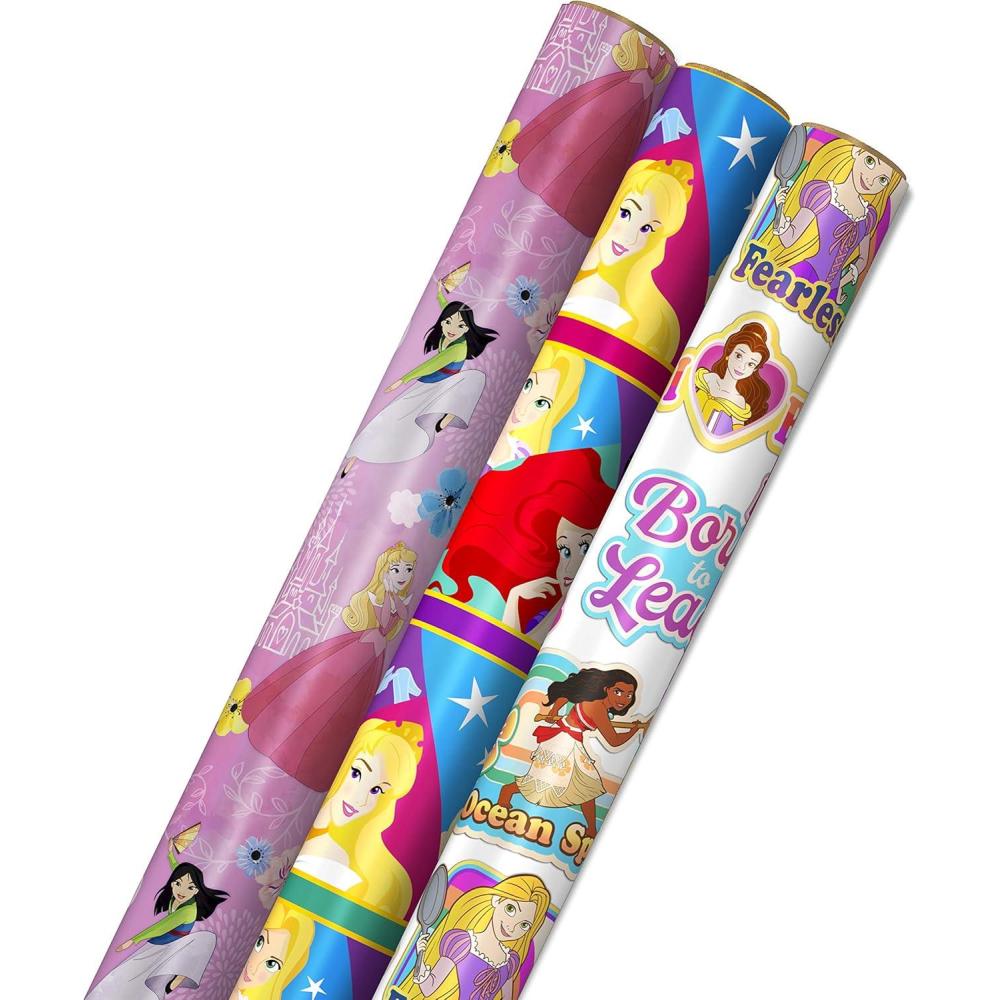 imageHallmark Disney Princess and Frozen Wrapping Paper with Cutlines on Reverse 3 Rolls 60 Square Feet Total for Birthdays Christmas Valentines DayPink  Purple  White