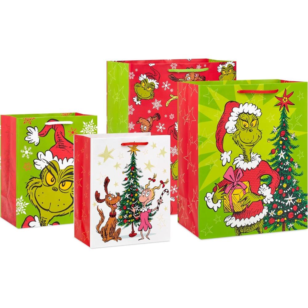 imageHallmark Dr Seuss Grinch Christmas Gift Bag Bundle for Kids 4 Bags 2 Medium 9quot 2 Large 13quot Cindy Lou Who Max the Dog Red and Green Snowflakes