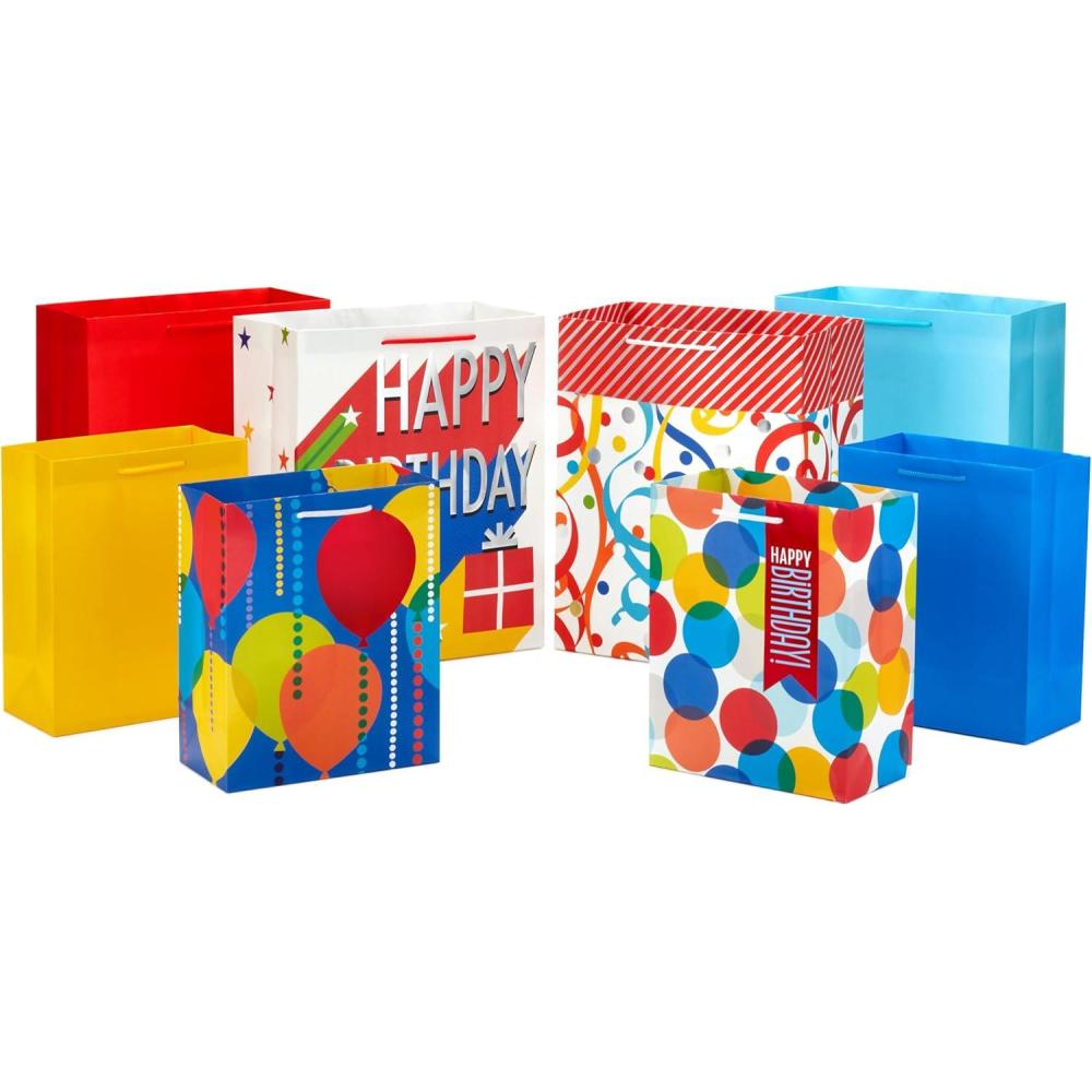 imageHallmark Gift Bag Assortment 8 Bags 3 Small 6quot 3 Medium 9quot 2 Large 13quot Kids Birthday Good Vibes Retro IconsBalloons  Solids  Happy Bday