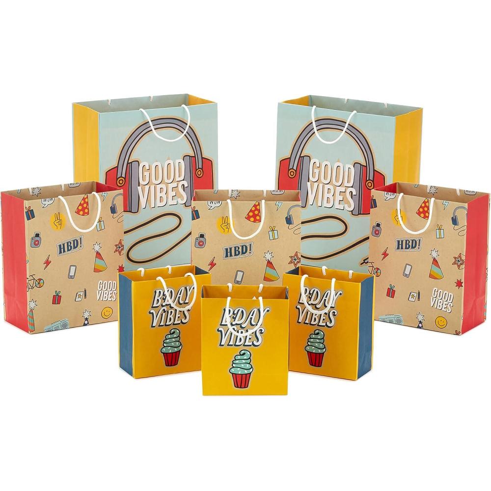 imageHallmark Gift Bag Assortment 8 Bags 3 Small 6quot 3 Medium 9quot 2 Large 13quot Kids Birthday Good Vibes Retro IconsRetro Good Vibes