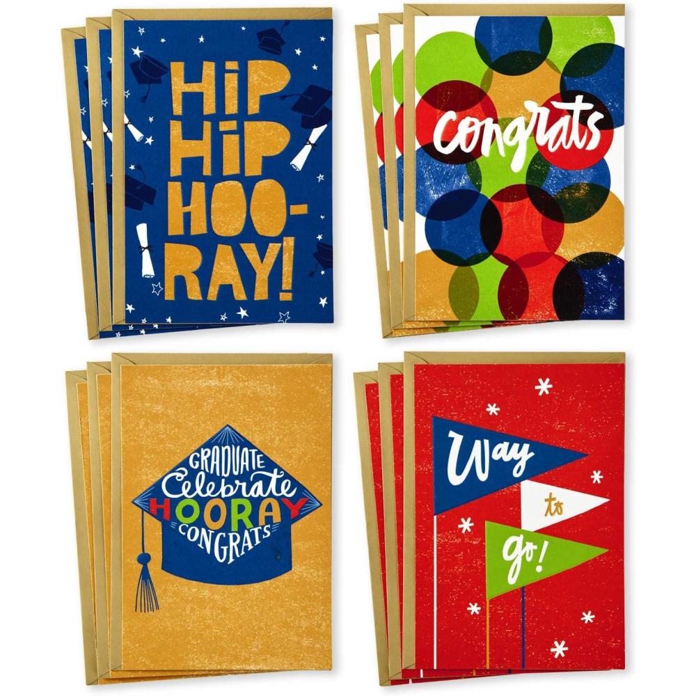 imageHallmark Graduation Cards Assortment 12 Cards with Envelopes 4 Designs Congrats Way to Go Hip Hip Hooray Grad CapCongratulations