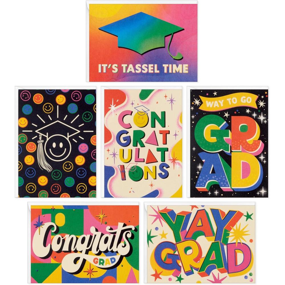 imageHallmark Graduation Cards Bulk Assortment Retro Rainbow 36 Blank Cards with Envelopes 6 Designs for High School Kindergarten Middle School College and College GraduatesBright and Bold  Assorted Graduation Cards