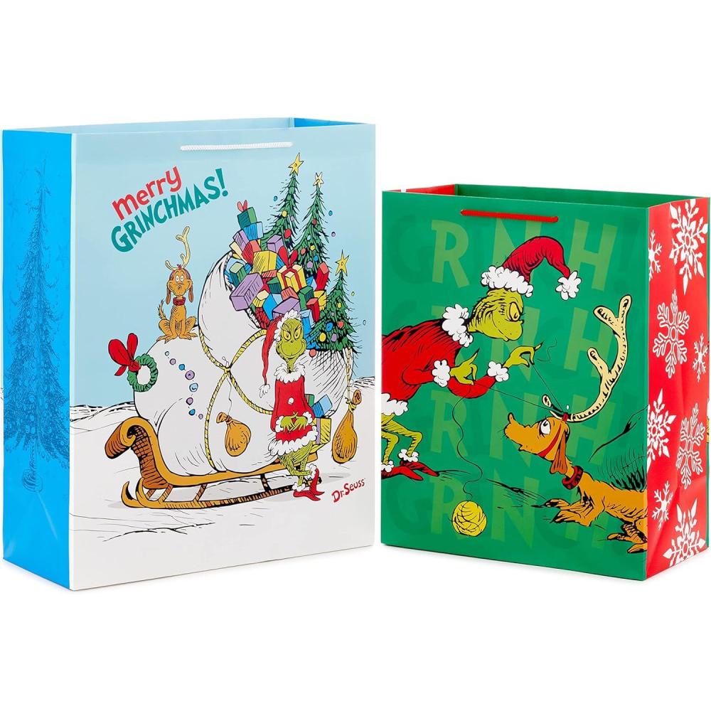 imageHallmark Grinch Christmas Gift Bags for Kids 2 Bags 1 Large 13quot 1 Extra Large 15quot Grinch with Max and Sleigh Dr Seuss How the Grinch Stole ChristmasGift Bags