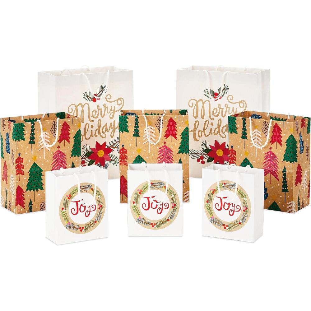 imageHallmark Holiday Gift Bags 8 Bags 3 Small 6quot 3 Medium 9quot 2 Large 13quot Recyclable Kraft with Pink Trees Merry Holidays Winter Flowers Joy Wreath for Christmas Hanukkah Weddings