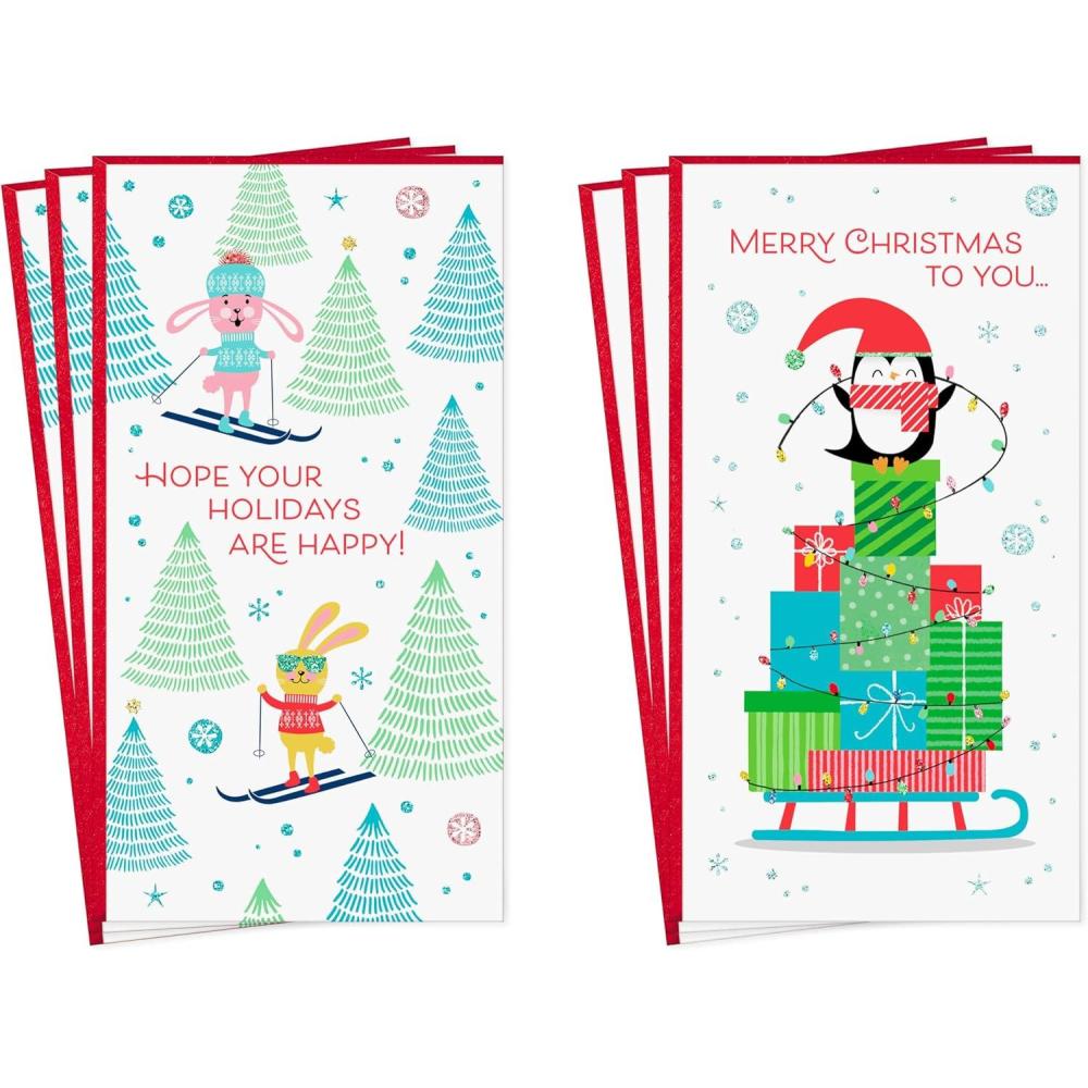 imageHallmark Holiday Money or Gift Card Holder Cards for Kids 6 Cards with Envelopes Snow Bunnies Penguin with Presents