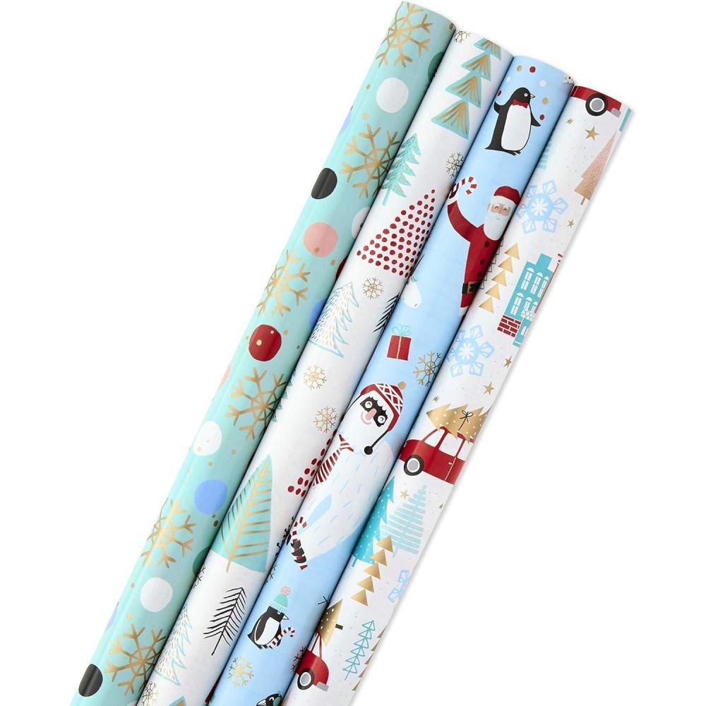 imageHallmark Holiday Wrapping Paper Bundle with Cut Lines on Reverse Elegant Woodland Pack of 4 120 sq ft TTL Peace and Joy Deer Pinecones Snowflakes Blue GoldYeti  Santa  Penguin  Snowflakes  Blue  Gold