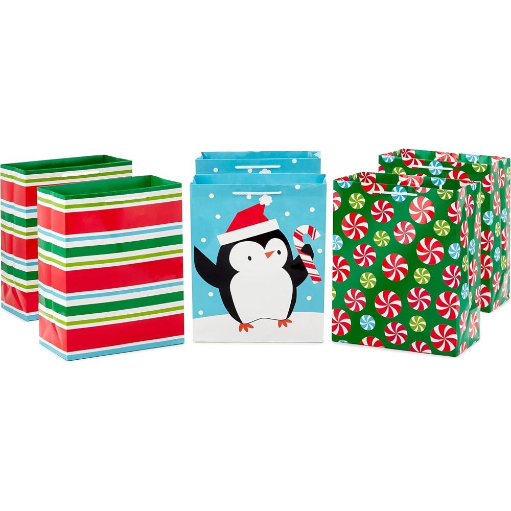 imageHallmark Image Arts 11quot Large Christmas Gift Bags 6 Bags Penguins Stripes Peppermints for Kids Coworkers Teachers