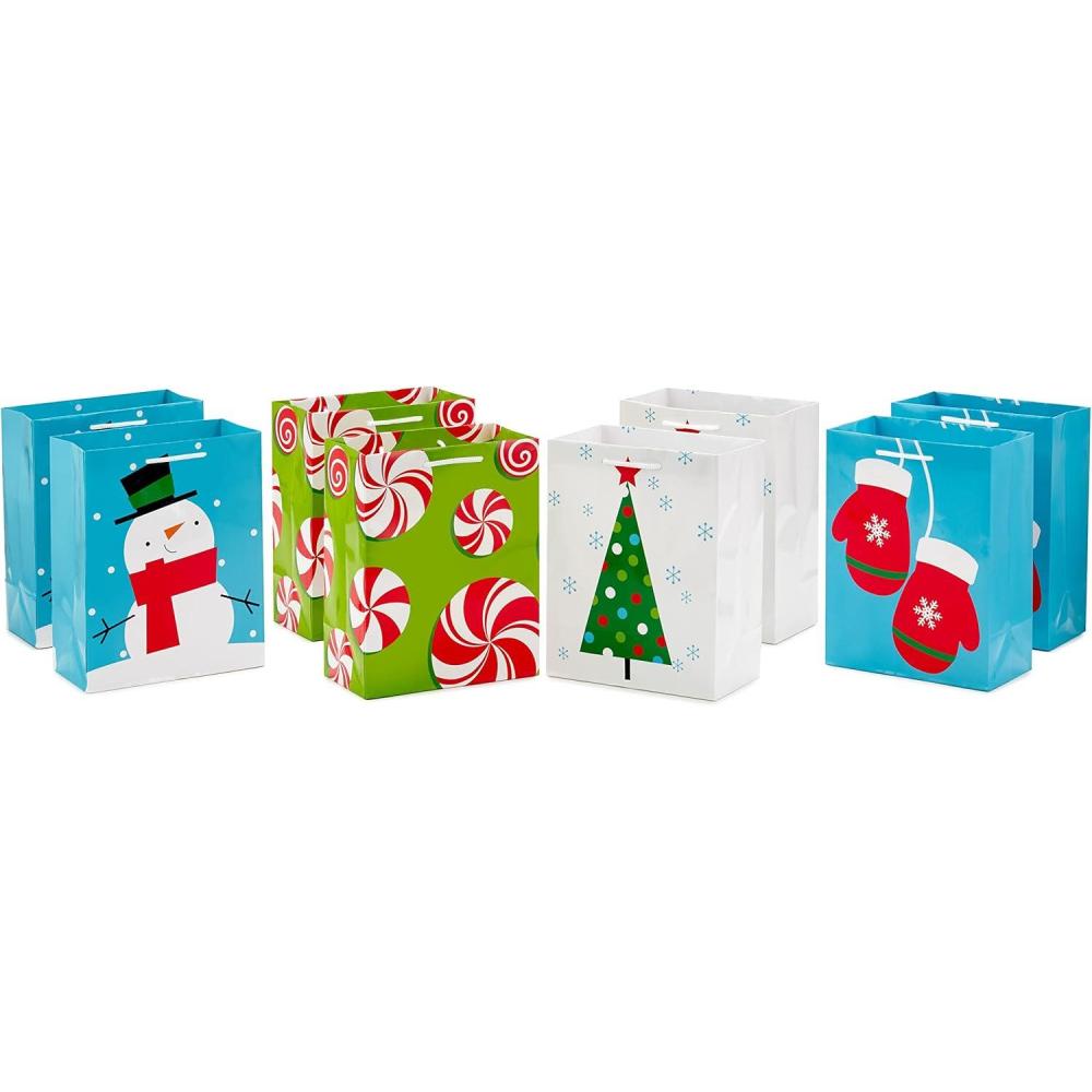 imageHallmark Image Arts 8quot Medium Christmas Gift Bags 8 Bags Mittens Snowmen Christmas Trees Peppermint Candy for Kids Teachers Coworkers
