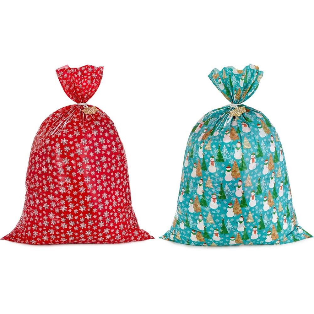 imageHallmark Jumbo Plastic Holiday XL Gift Bags 2 Extra Large Bags Snowflakes on Red Rustic Snowmen for Carryon Luggage Giant Stuffed Animals Bedding SetsRed  Blue  Green  Gold