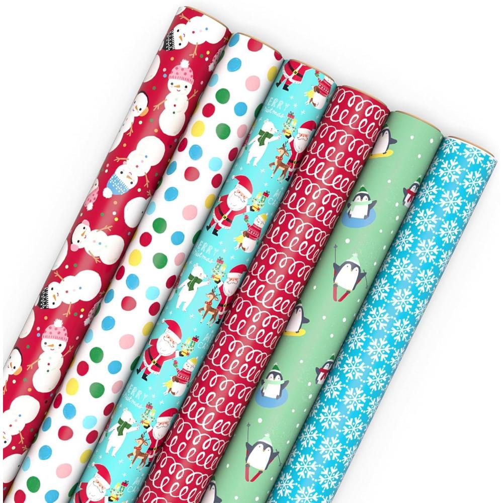 imageHallmark Kids Christmas Wrapping Paper Rolls with Cutlines on Reverse 6 Rolls 180 Sq Ft Total Dinosaur Unicorn Flamingo KoalaSnowman  Dots  Santa  Snowflakes  Penguins