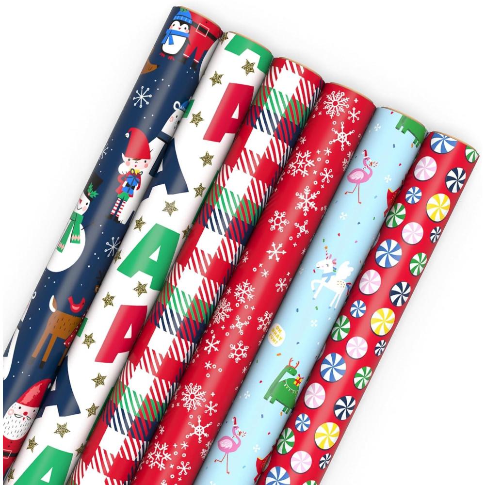 imageHallmark Kids Christmas Wrapping Paper Rolls with Cutlines on Reverse 6 Rolls 180 Sq Ft Total Dinosaur Unicorn Flamingo KoalaSnowman  Falala  Plaid  Snowflakes  Peppermints