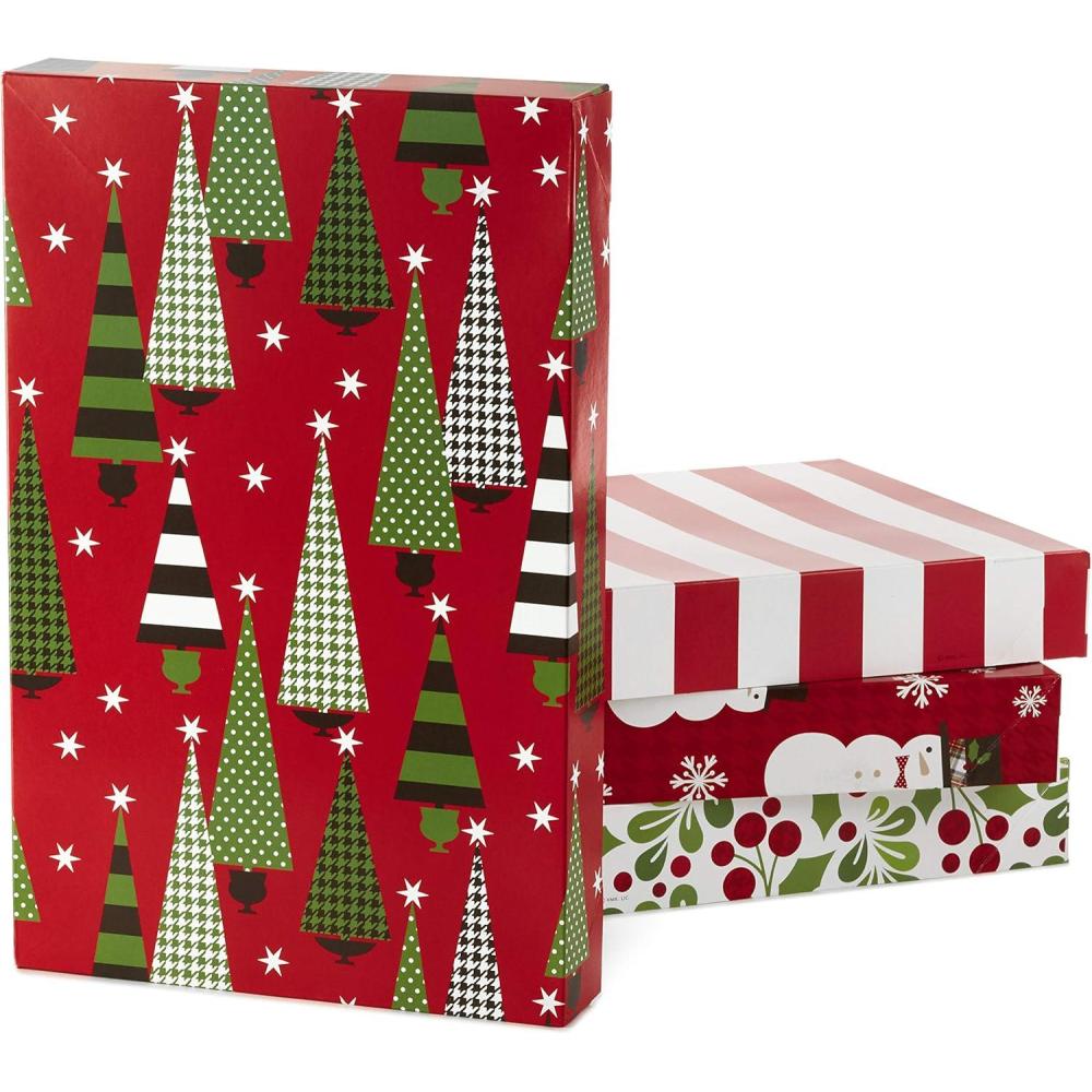imageHallmark Medium Christmas Gift Boxes with Lids 12 Shirt Boxes 3 Designs Blue Green Red Plaid Black Buffalo Check for Christmas Hanukkah Birthdays Fathers DayChristmas Trees  Stripes  Snowman  Holly