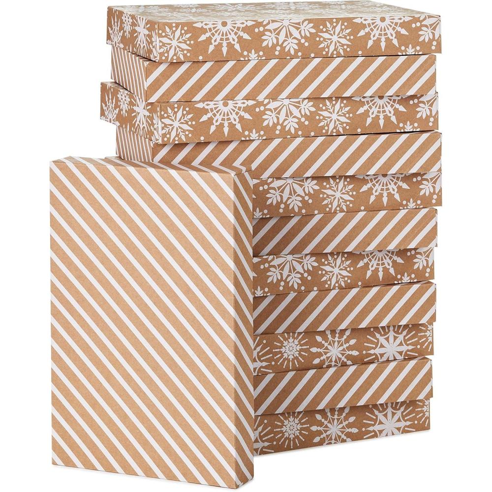 imageHallmark Medium Christmas Gift Boxes with Lids 12 Shirt Boxes White Snowflakes and Stripes on Kraft for Holiday Parties Winter Weddings Bridal Showers12 Count Pack of 1