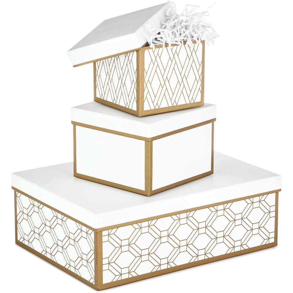 imageHallmark Nested Gift Boxes with Lids and Fill Set of 3 White and Gold Assorted Sizes for Weddings Bridal Showers Bridesmaids Christmas Hanukkah Birthdays Valentines DayWhite and Gold Geometric Shapes
