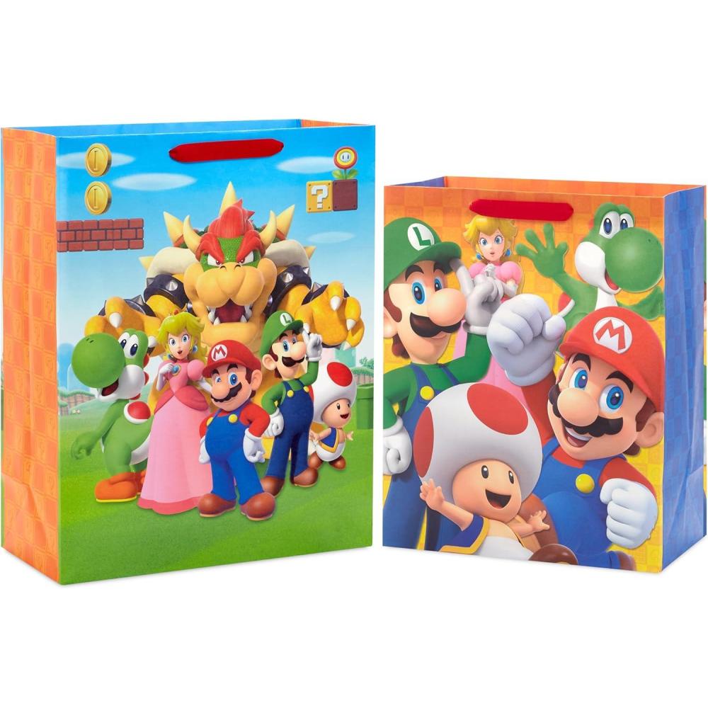 imageHallmark Nintendo Super Mario Brothers Gift Bags 1 Large 1 Extra Large Luigi Princess Yoshi ToadGift Bags