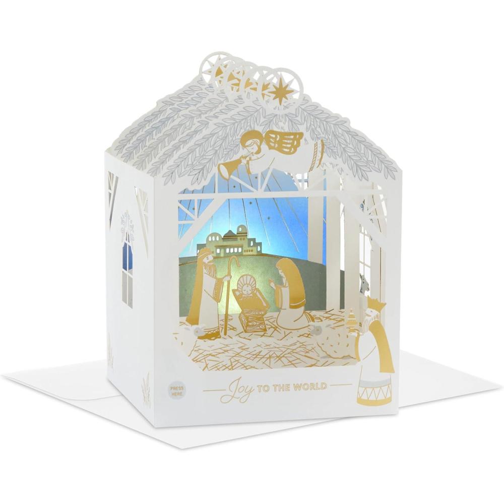 imageHallmark Paper Wonder Musical Pop Up Christmas Card Joy to the World Angel and Nativity Gold and White