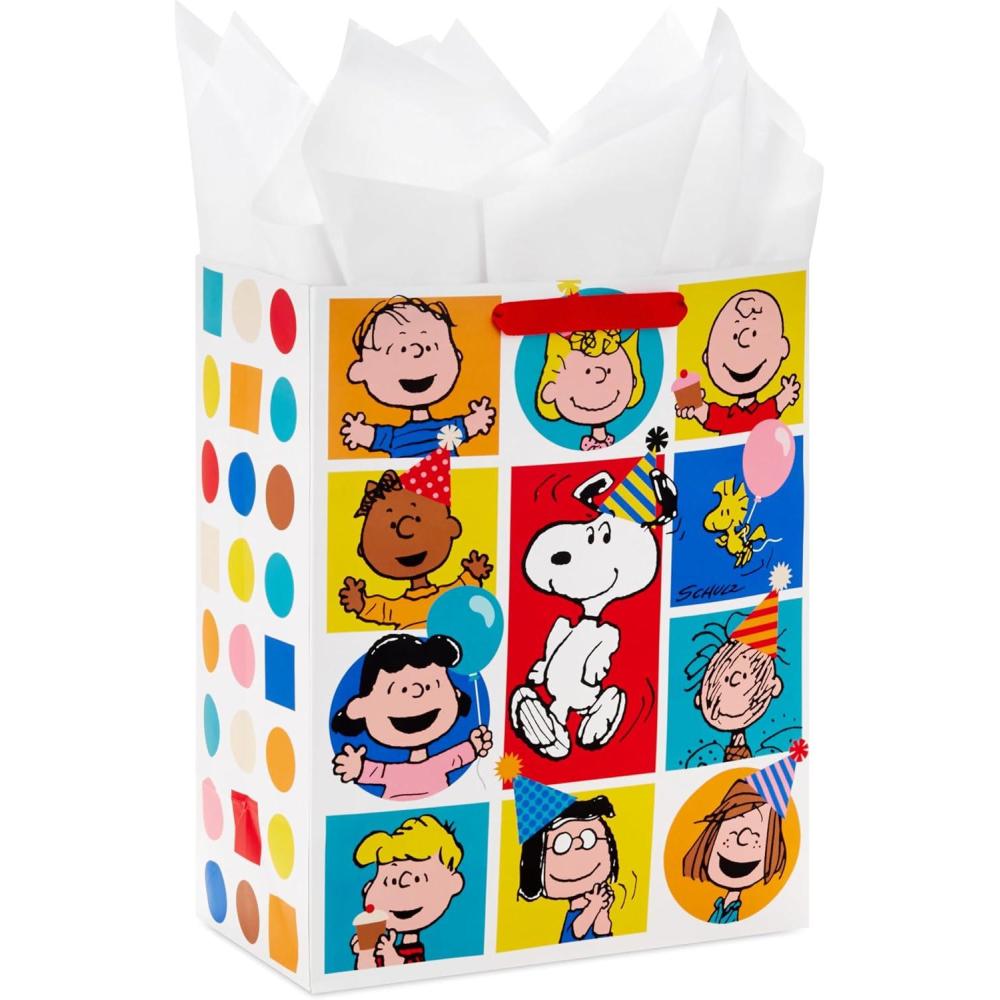 imageHallmark Peanuts 13quot Large Gift Bag with Tissue Paper Rainbow Snoopy Charlie Brown Linus Lucy for Birthdays Christmas FansPeanuts Gang