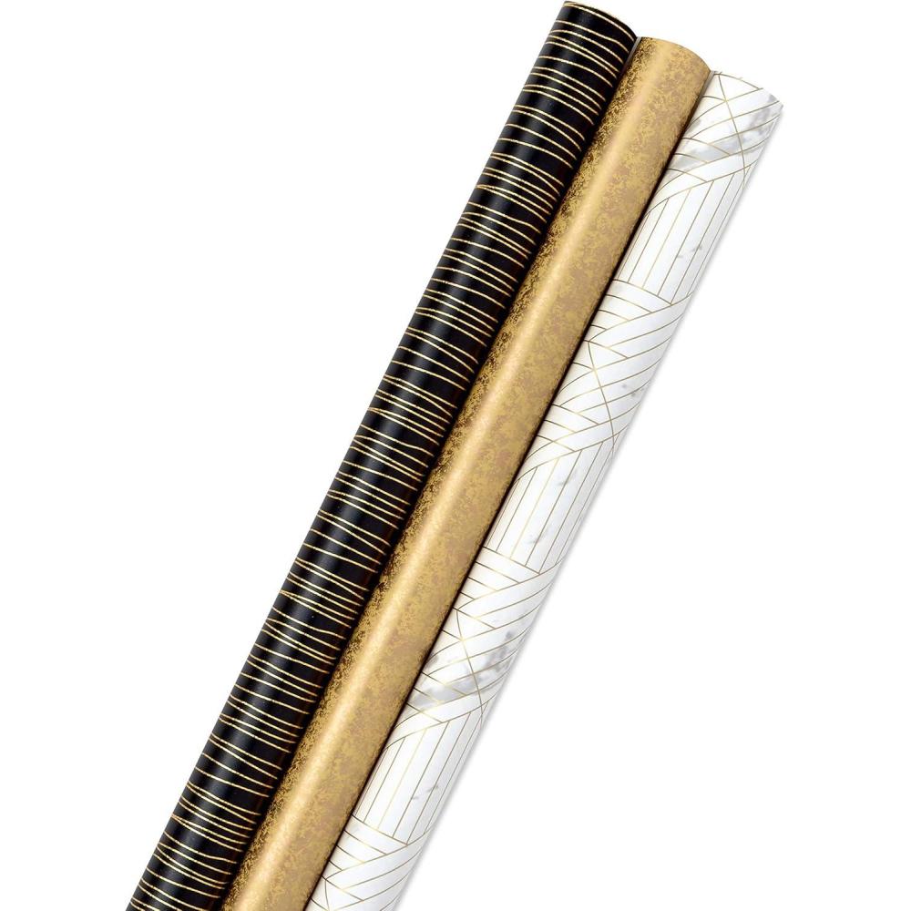 imageHallmark Premium Wrapping Paper Roll Bundle with Cut Lines on Reverse 3 Rolls 85 sq ft ttl Marble Black Antiqued Gold for Valentines Day Graduations Birthdays Weddings and Bridal ShowersBlack and Gold