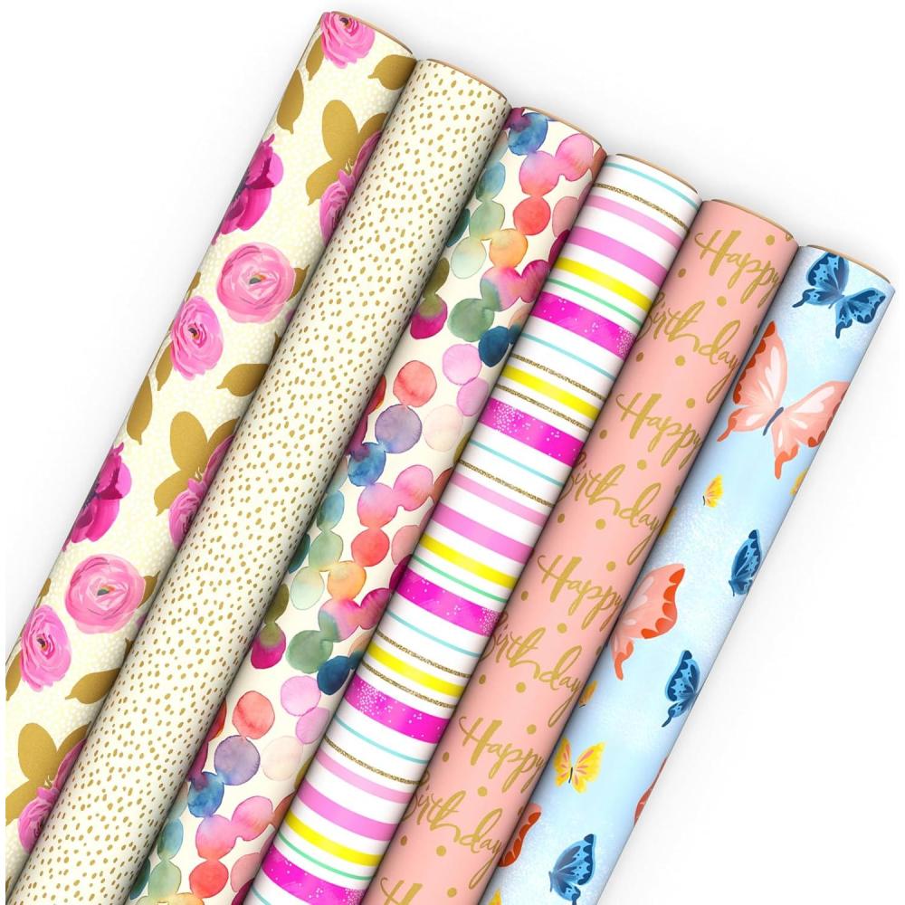 imageHallmark Pretty Wrapping Paper with Cutlines on Reverse 6 Rolls 180 Square Feet Total Flowers Butterflies Stripes Dots for Birthdays Mothers Day Valentines DayFloral  Dots  Stripes  Butterflies  Happy Birthday