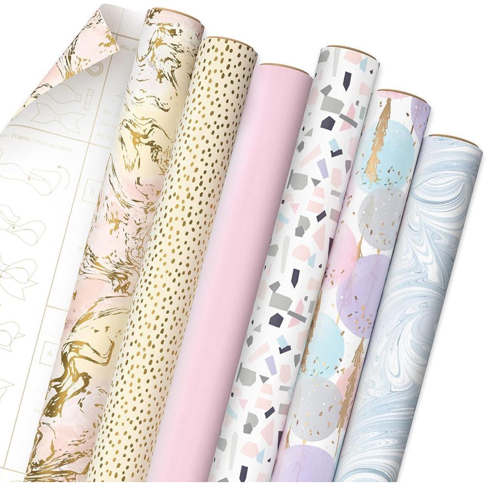 imageHallmark Pretty Wrapping Paper with Cutlines on Reverse 6 Rolls 180 Square Feet Total Flowers Butterflies Stripes Dots for Birthdays Mothers Day Valentines DayPastel Marble  Dots  Confetti  Balloons