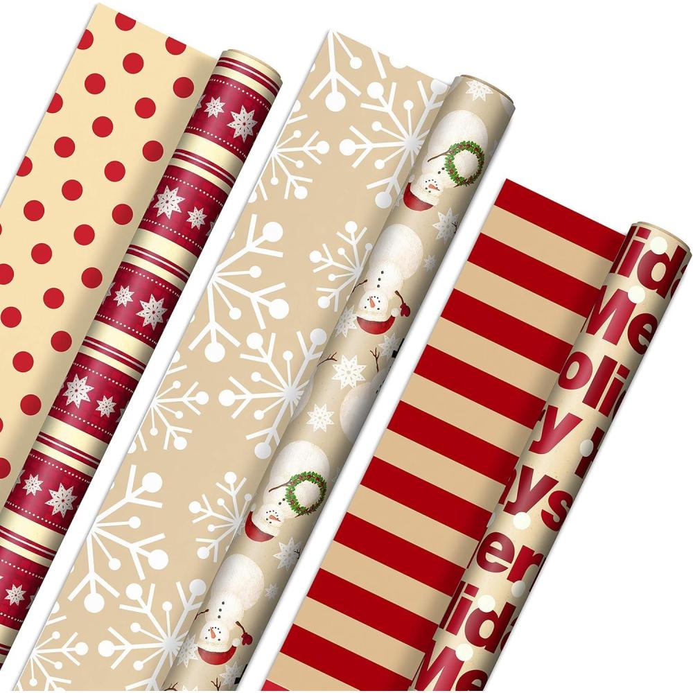 imageHallmark Reversible Christmas Wrapping Paper 3 Rolls 120 sq ft ttl Merry Holidays Snowflakes Snowmen Red StripesMerry Holidays  Snowflakes  Snowmen  Red Stripes