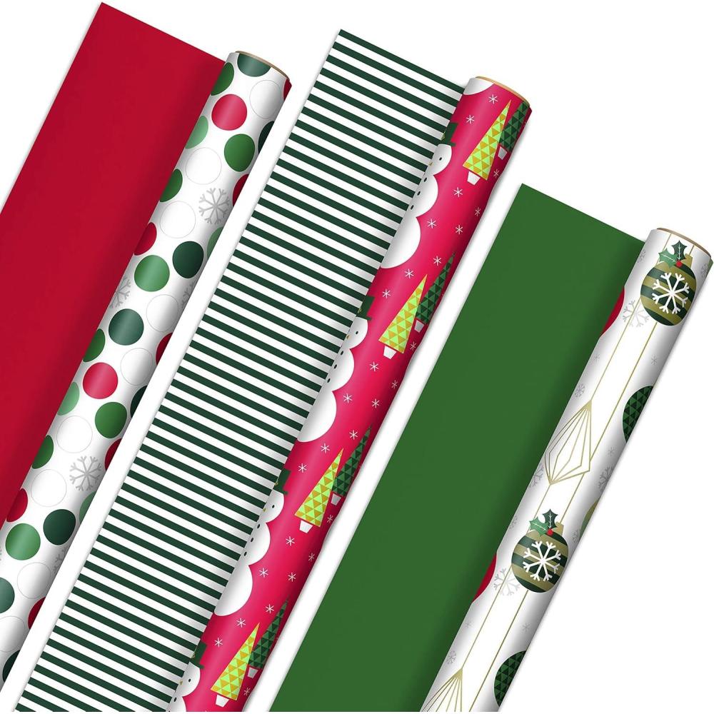 imageHallmark Reversible Christmas Wrapping Paper 3 Rolls 120 sq ft ttl Merry Holidays Snowflakes Snowmen Red StripesRetro Ornaments  Stripes  Polka Dots  Snowmen  Solid Red and Green