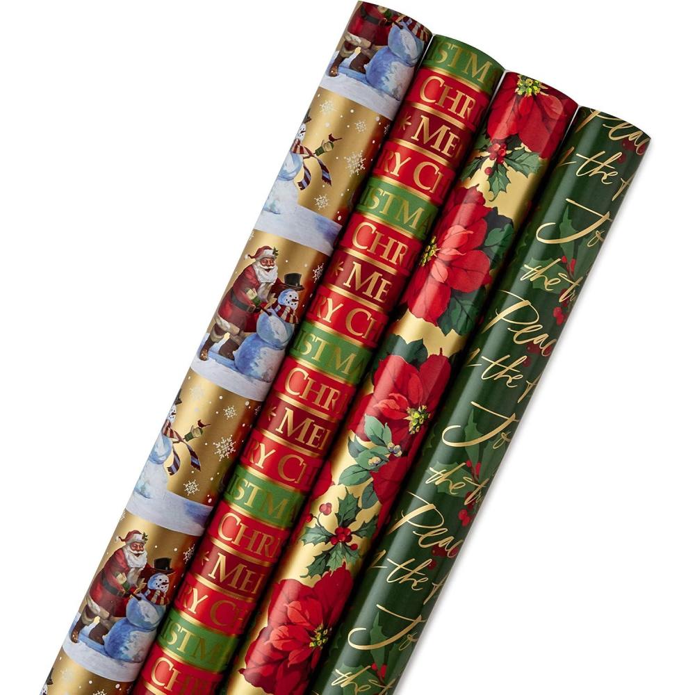 imageHallmark Reversible Christmas Wrapping Paper Bundle Elegant Blue and Gold 4 Rolls 150 sq ft ttl Dark Blue Gold Teal Snowflakes Peace Stripes GeometricTraditional Christmas