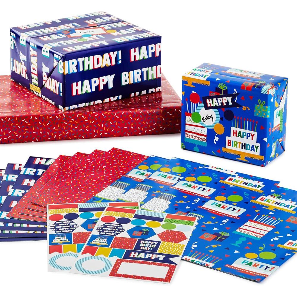 imageHallmark Reversible Flat Wrapping Paper Sheets 12 Folded Sheets with Sticker Seals Rainbow Happy Exclamation Points Polka Dots Confetti for Birthdays Graduations CelebrationsBlue Red Dark Blue and Multicolor