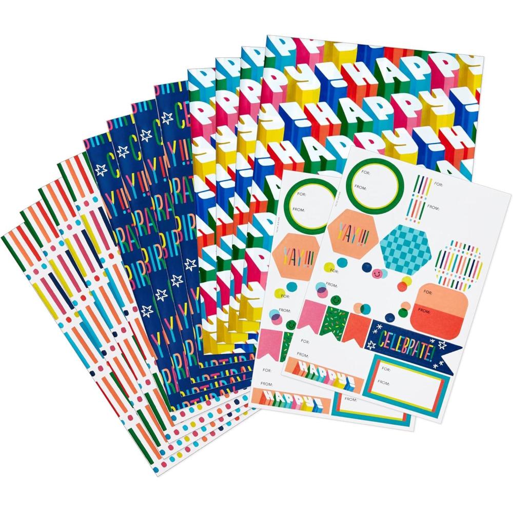 imageHallmark Reversible Flat Wrapping Paper Sheets 12 Folded Sheets with Sticker Seals Rainbow Happy Exclamation Points Polka Dots Confetti for Birthdays Graduations CelebrationsNavy  Red  Rainbow