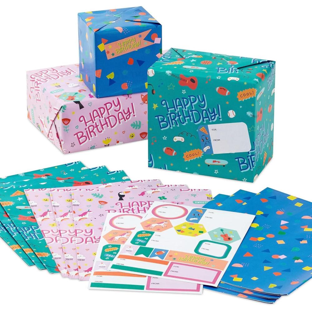 imageHallmark Reversible Flat Wrapping Paper Sheets 12 Folded Sheets with Sticker Seals Rainbow Happy Exclamation Points Polka Dots Confetti for Birthdays Graduations CelebrationsPink  Blue  Green
