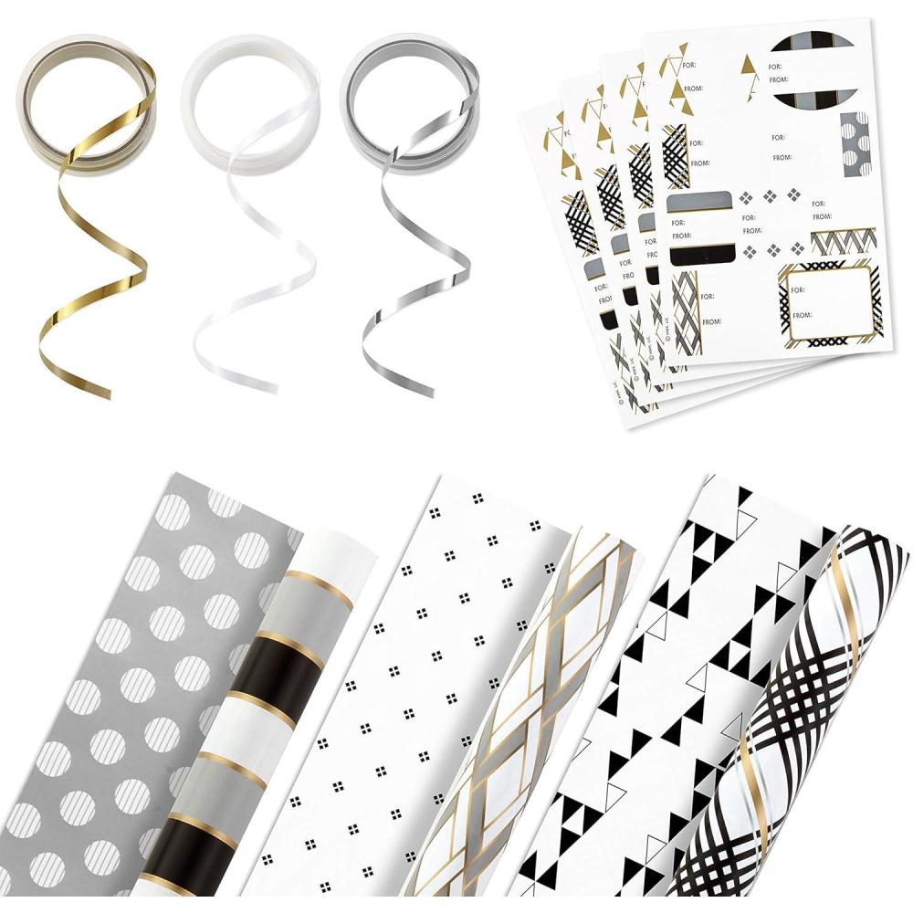 imageHallmark Reversible Wrapping Paper Bundle with Ribbon ampamp Gift Tag Stickers  Black Gold Stripes Plaid 3 Pack 120 sq ft TTL 30 Yds Mini Ribbon 36 Labels for Graduations Weddings ChristmasWhite  Black  Gold  Gray