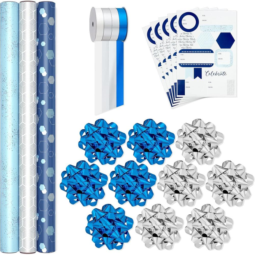imageHallmark Reversible Wrapping Paper Bundle with Ribbon ampamp Gift Tag Stickers  Black Gold Stripes Plaid 3 Pack 120 sq ft TTL 30 Yds Mini Ribbon 36 Labels for Graduations Weddings ChristmasBlue and Silver