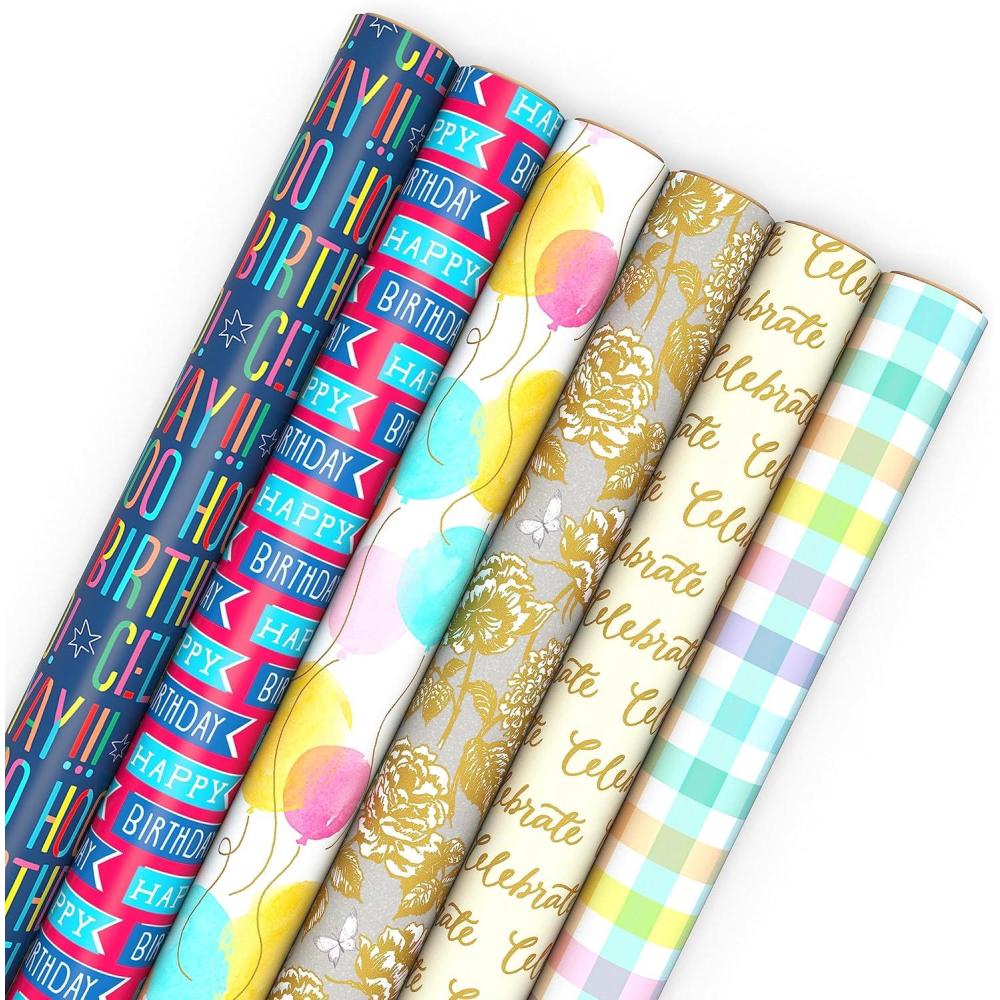 imageHallmark Reversible Wrapping Paper Roll Bundle Peach ampamp Purple Flowers Pink Stripes Balloons 3 Rolls 75 sq ft ttl for Birthdays Mothers Day Weddings Baby Showers and Bridal ShowersHappy Birthday  Balloons  Floral  Celebrate  Pastel Plaid