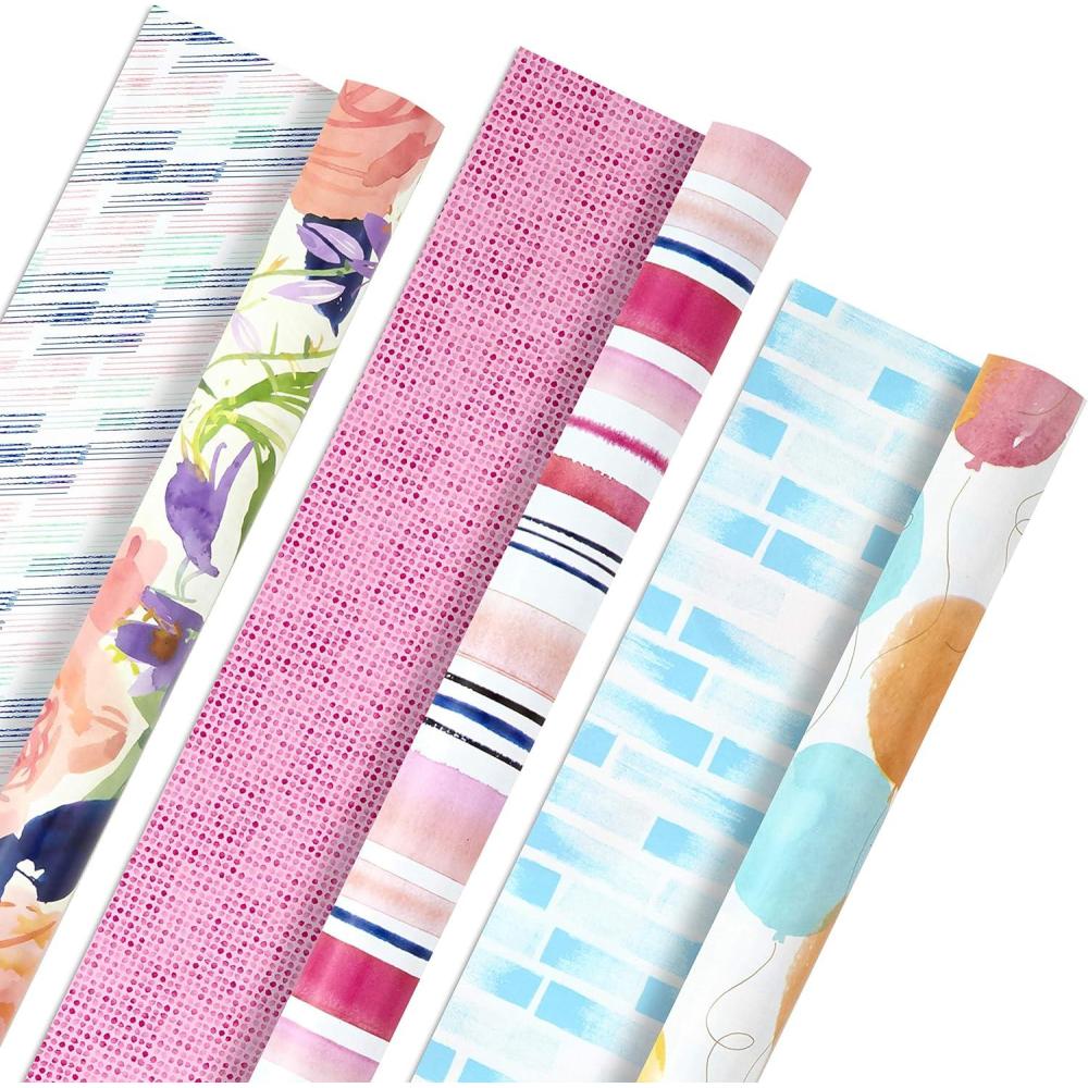 imageHallmark Reversible Wrapping Paper Roll Bundle Peach ampamp Purple Flowers Pink Stripes Balloons 3 Rolls 75 sq ft ttl for Birthdays Mothers Day Weddings Baby Showers and Bridal ShowersReversible Floral  Striped  Balloons