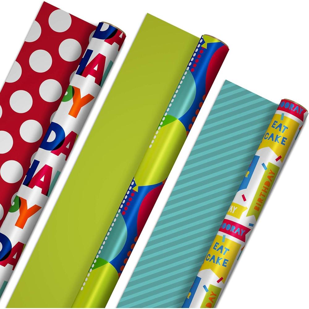 imageHallmark Reversible Wrapping Paper Roll Bundle Peach ampamp Purple Flowers Pink Stripes Balloons 3 Rolls 75 sq ft ttl for Birthdays Mothers Day Weddings Baby Showers and Bridal ShowersReversible Birthday