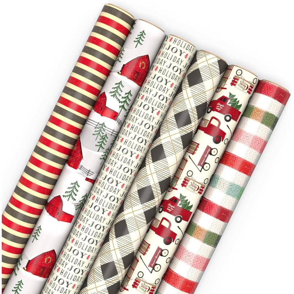 imageHallmark Rustic Christmas Wrapping Paper Rolls with Cutlines on Reverse 6 Rolls 180 Sq Ft Total Red Barn Truck Sled Black Plaid Gray and StripesRustic Christmas