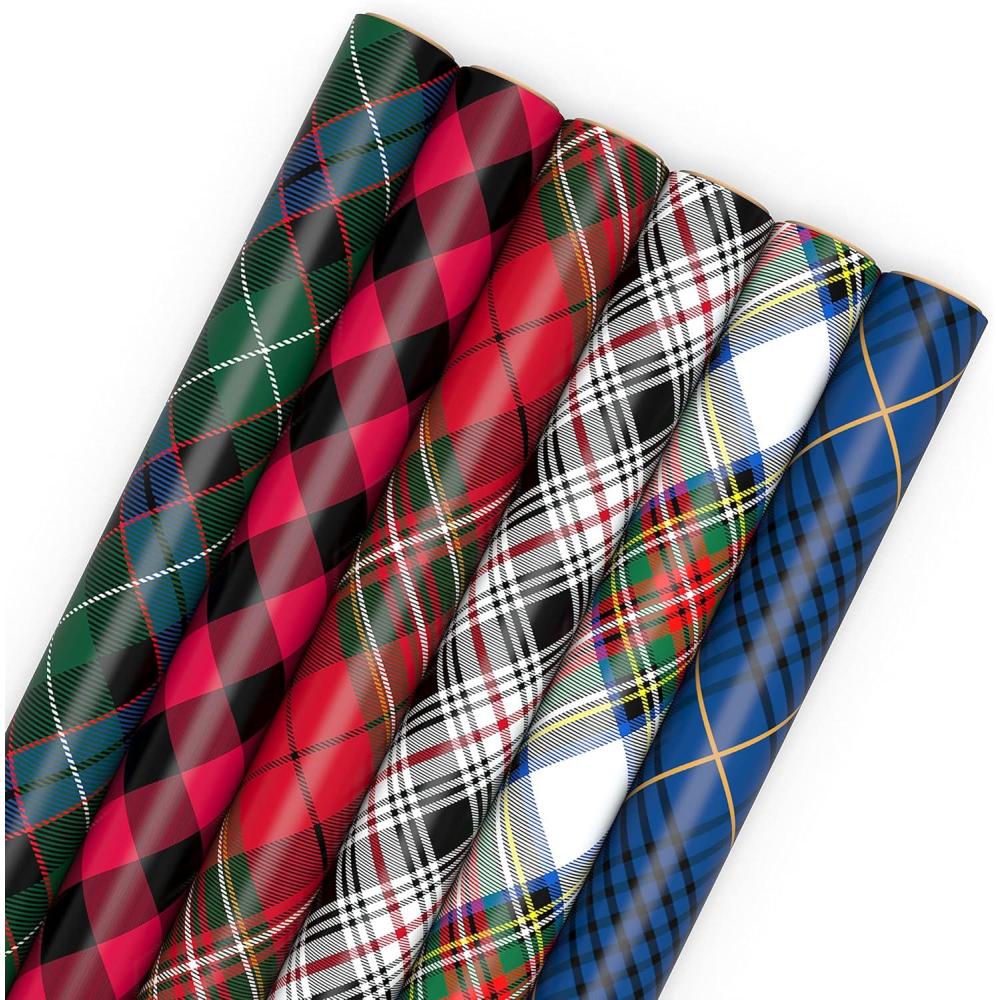 imageHallmark Rustic Christmas Wrapping Paper Rolls with Cutlines on Reverse 6 Rolls 180 Sq Ft Total Red Barn Truck Sled Black Plaid Gray and StripesTartan and Plaid