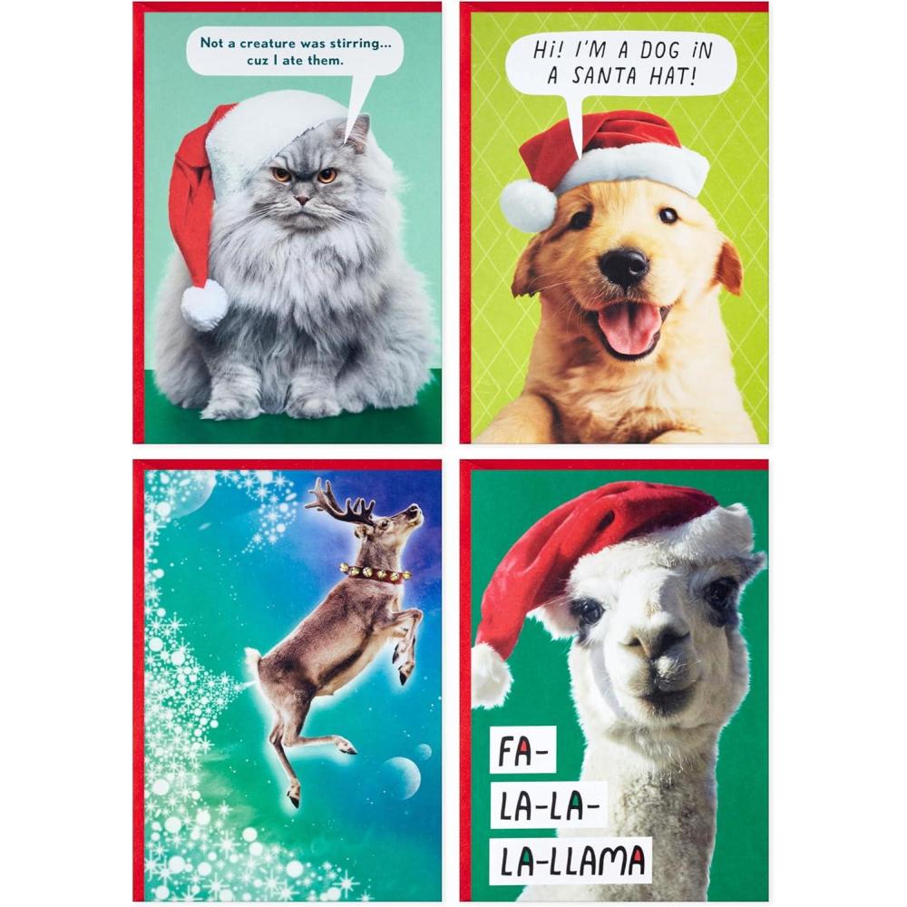 imageHallmark Shoebox Funny Boxed Christmas Cards 24 Cards and 24 Envelopes Dog Cat Llama Reindeer