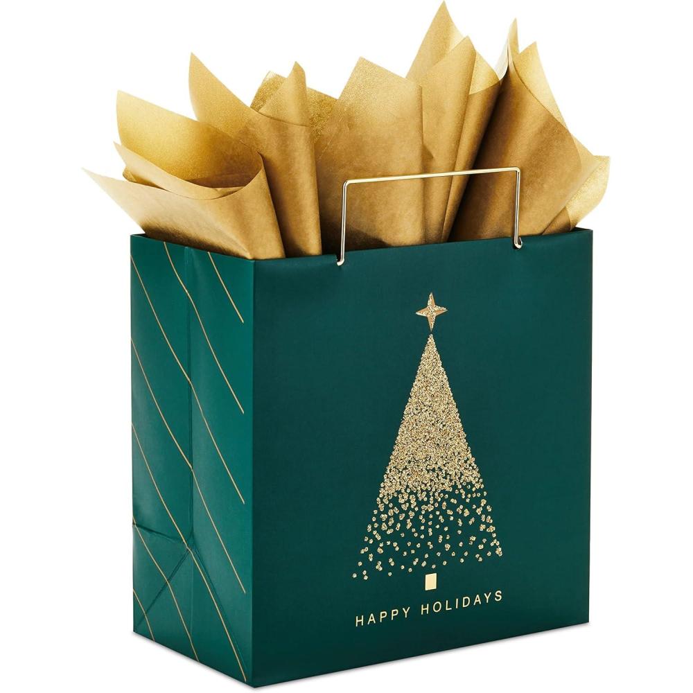 imageHallmark Signature 7quot Medium Christmas Gift Bag with Tissue Paper Hunter Green and Gold Tree Happy Holidays with Foil Glitter Metal HandleGold Tree on Green