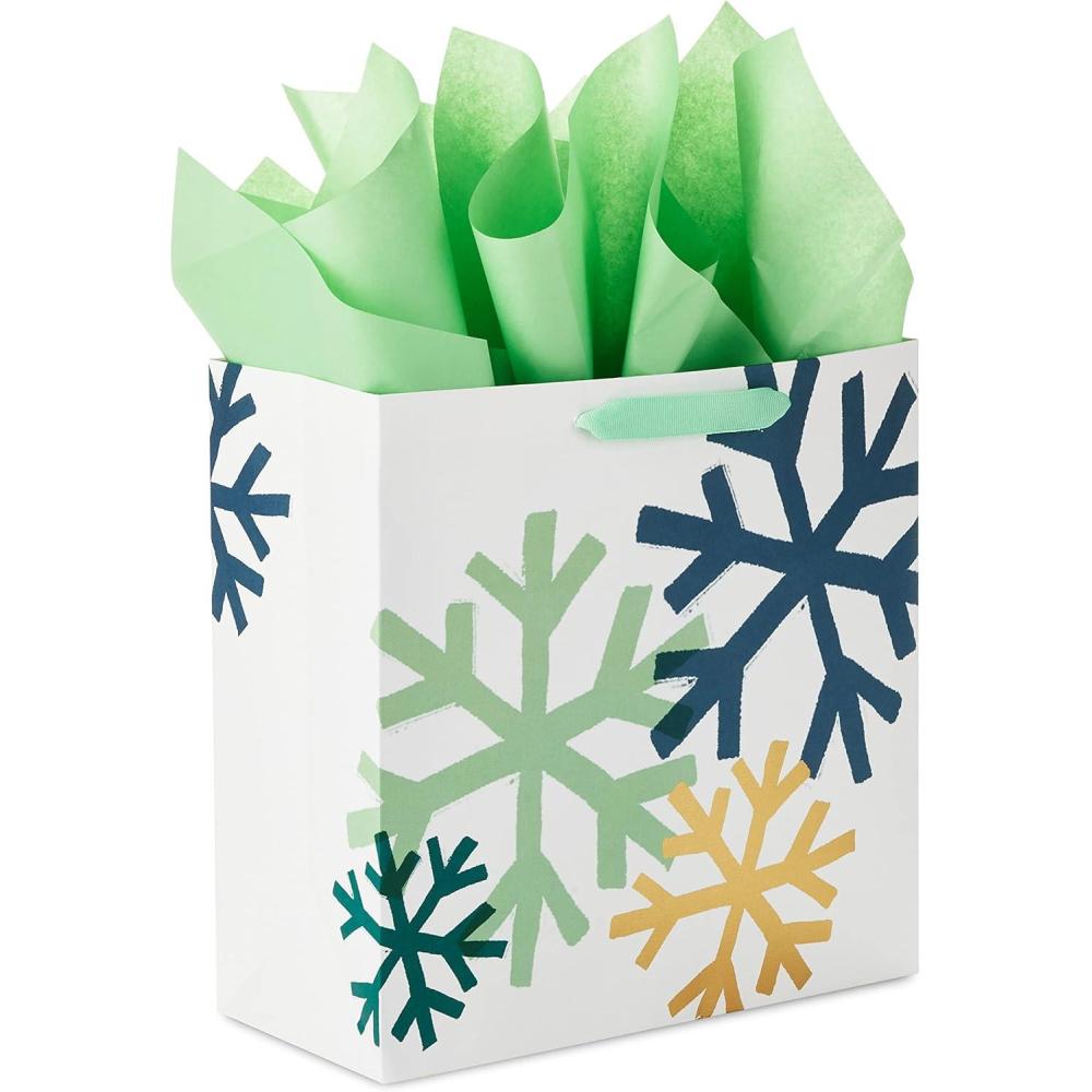 imageHallmark Signature 7quot Medium Christmas Gift Bag with Tissue Paper Hunter Green and Gold Tree Happy Holidays with Foil Glitter Metal HandleNavy  Gold  Mint Snowflakes