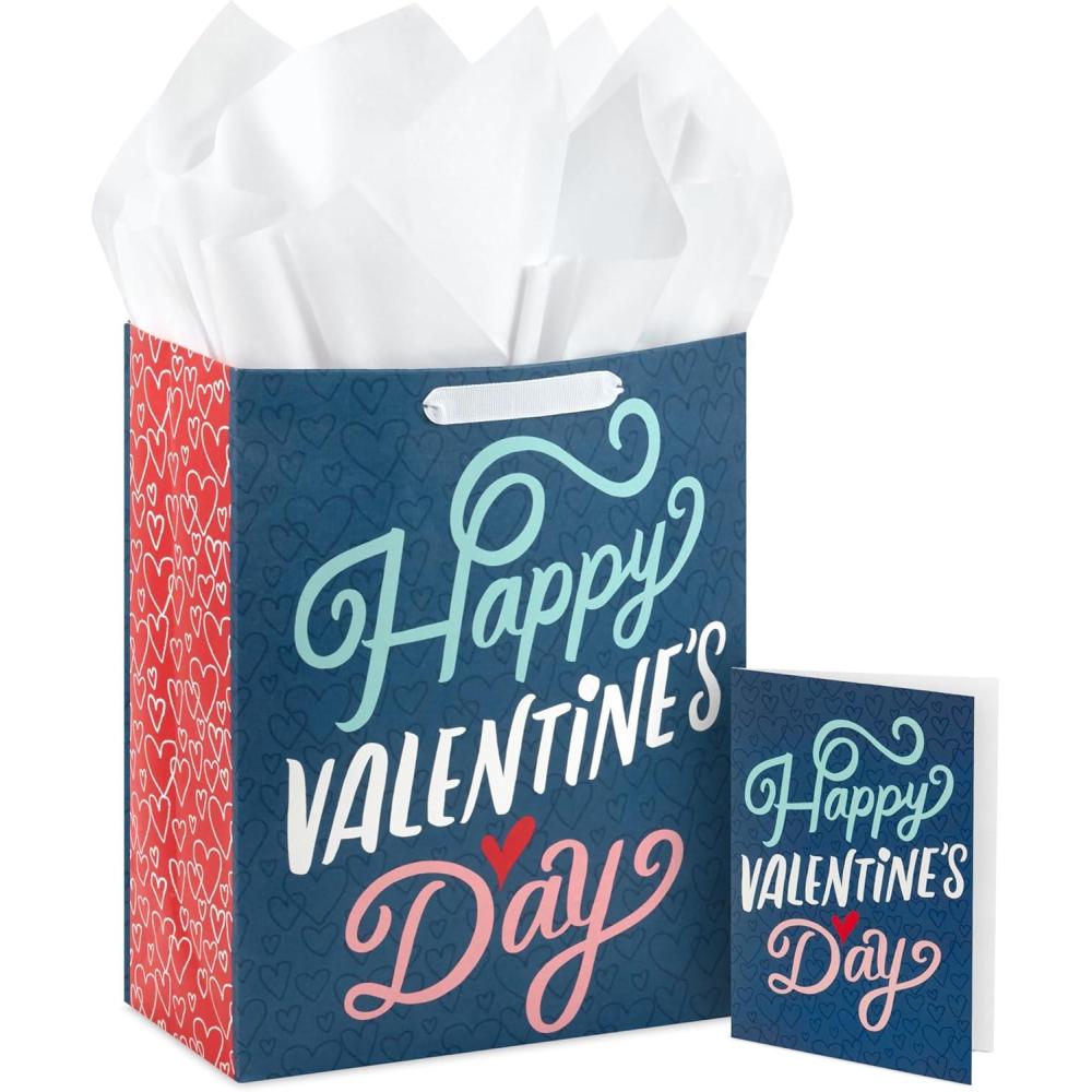 imageHallmark Signature 7quot Medium Valentines Day Gift Bag with Tissue Paper Heart BannerBlue Happy Valentines Day
